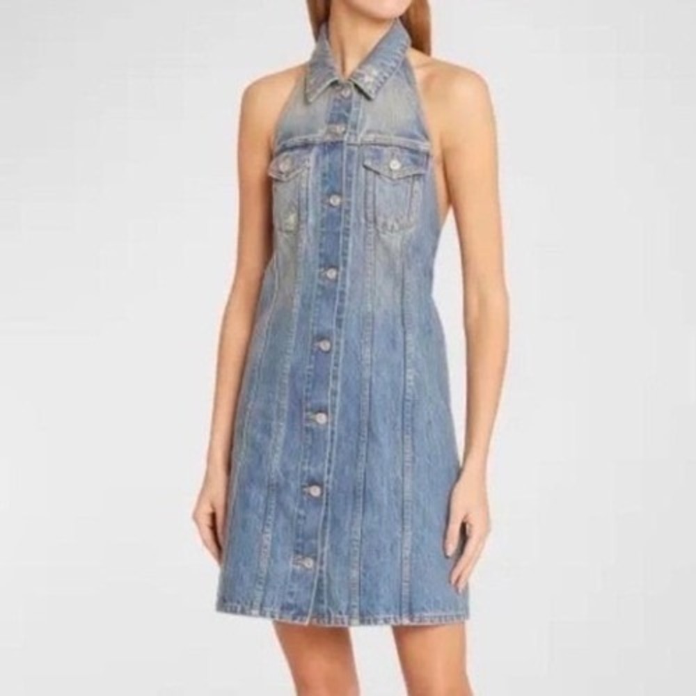 House of Harlow 1960 Denim Halter Mini Dress Light Wash Blue Women's Size XXS